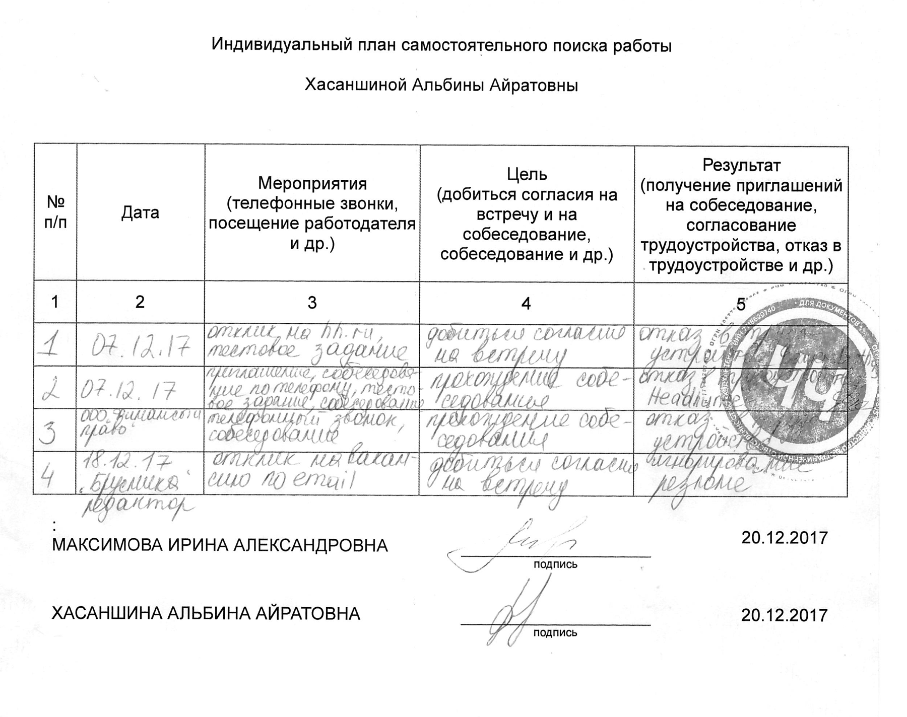 Если есть возможность, лучше съездить в компании, где вы проходили собеседования, и попросить их поставить подпись и печать. Но если им некогда или собеседование закончилось на этапе письменных переговоров, то можно записать все самому